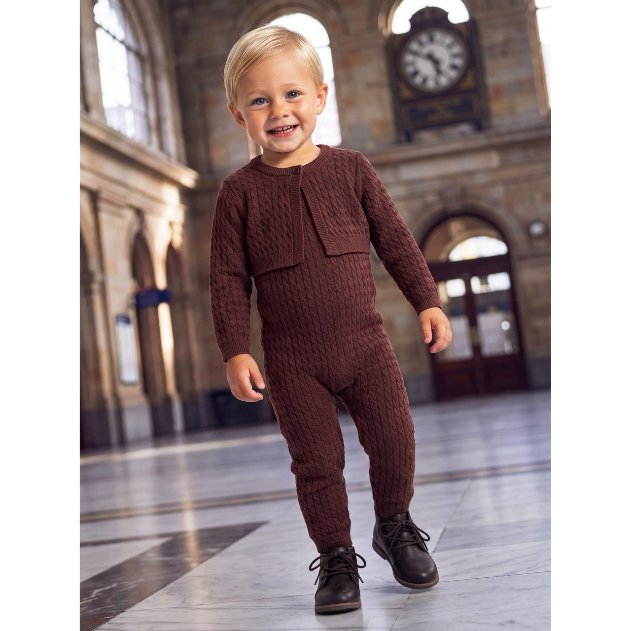 Melange Knit Overall Cardigan Set